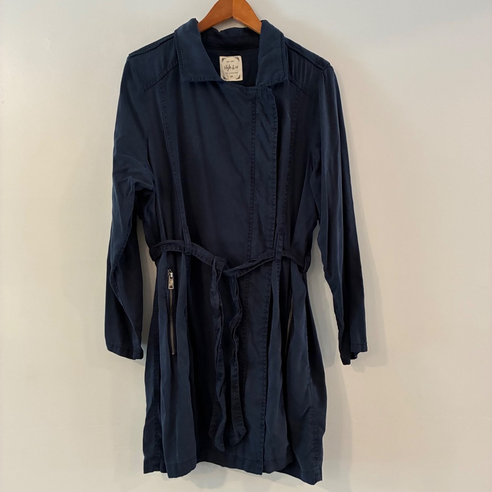 Style & Co Trench Coat 1X Navy Blue Utility Classic Spring Fall Casual Drape